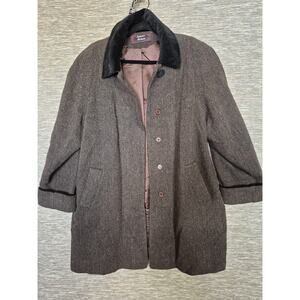 Stephanie Mathews Coat Womens Sz 16 Brown Wool Herringbone Tweed Dressy Overcoat